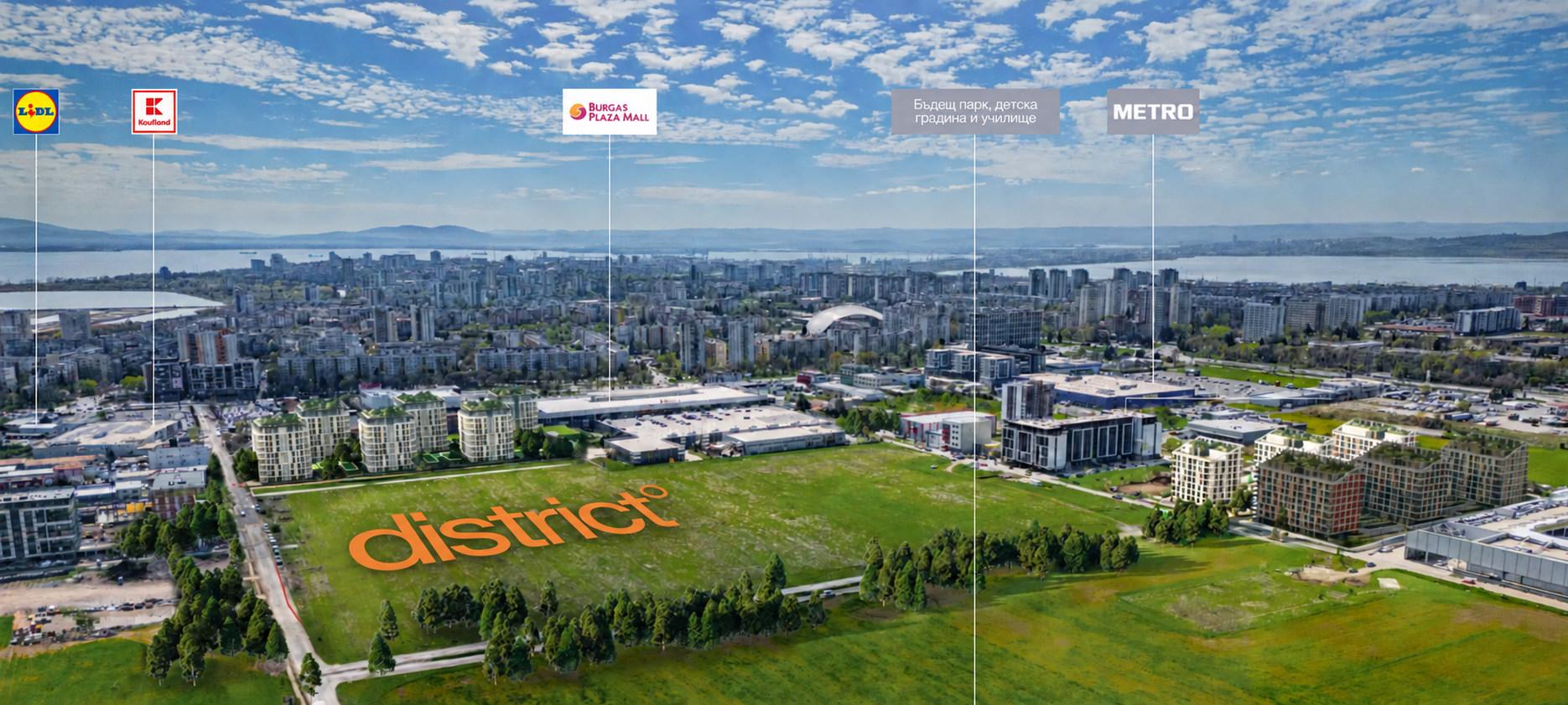 Локация на District с ключови обекти наоколо
